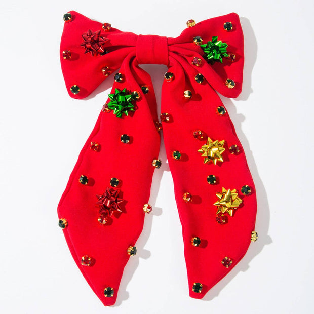 Beaded Hair Bow - Yuletide Shine: Red