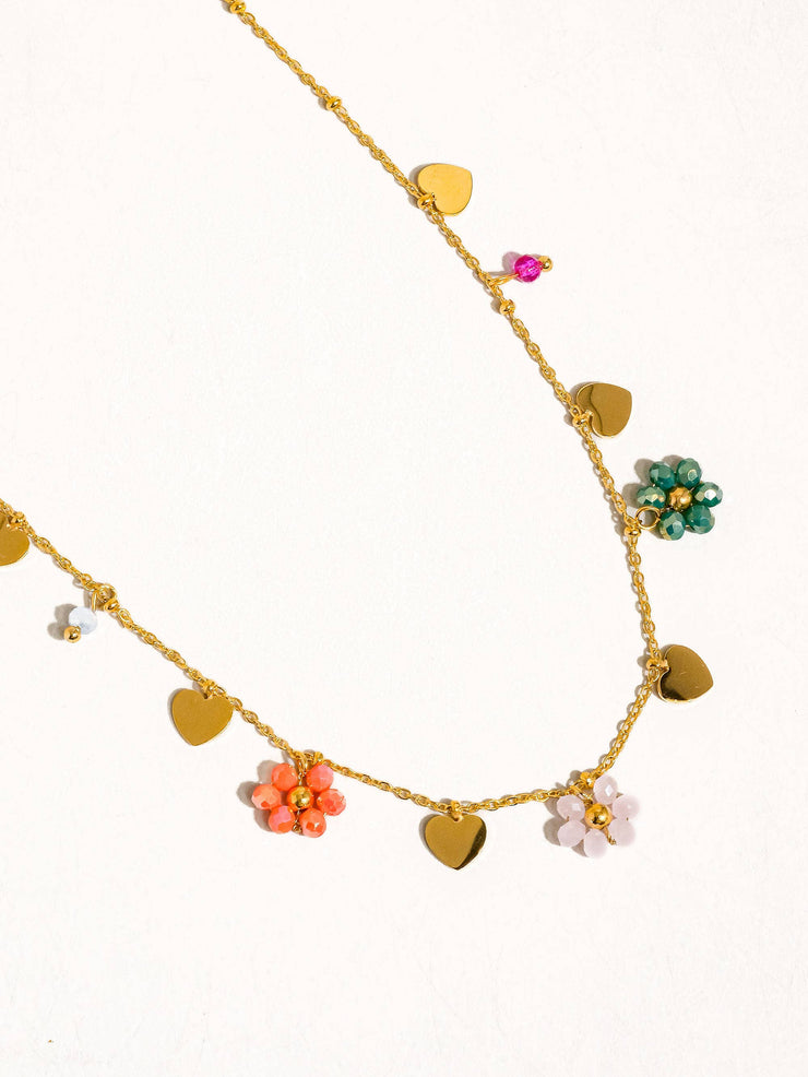 Melvin 18K Gold Non-Tarnish Flower & Hearts Necklace: Multi-Colored