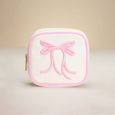 Bow Embroidered Square Canvas Pouch Bag / Organizer