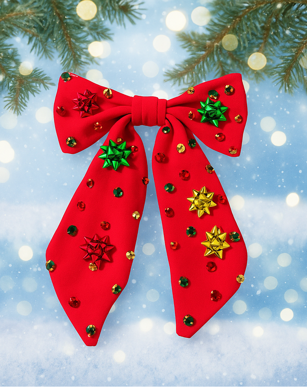 Beaded Hair Bow - Yuletide Shine: Red