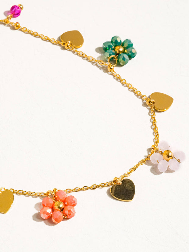 Melvin 18K Gold Non-Tarnish Flower & Hearts Necklace: Multi-Colored