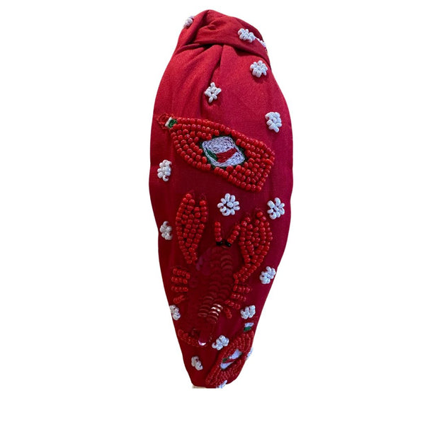 Crawfish Beaded Headband, Fabric Headband, Knotted Headband: Red Fabric Design