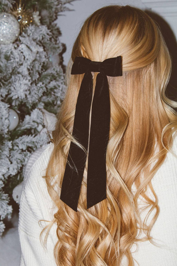 Velvet Long Bow Barrette: Black