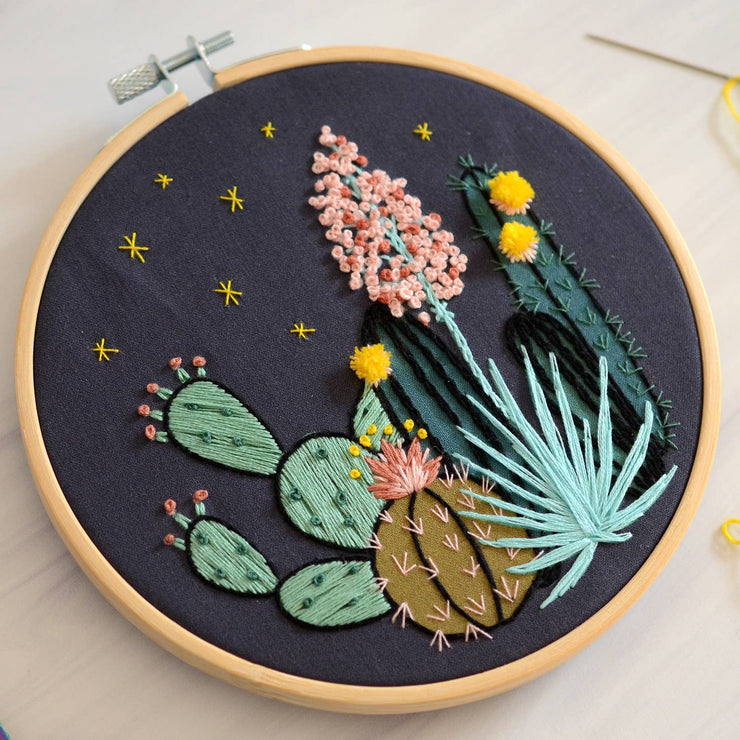 Night Cactus Premium Embroidery Kit, 6 inch