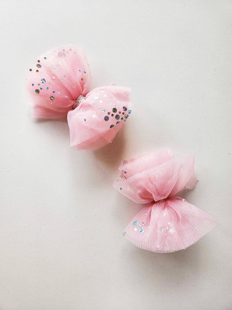 Tulle Hair Bow Set - Pink: Clip