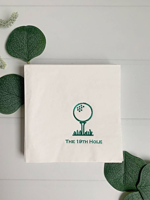 19th Hole Golf Tee Cocktail Napkins - Green on White